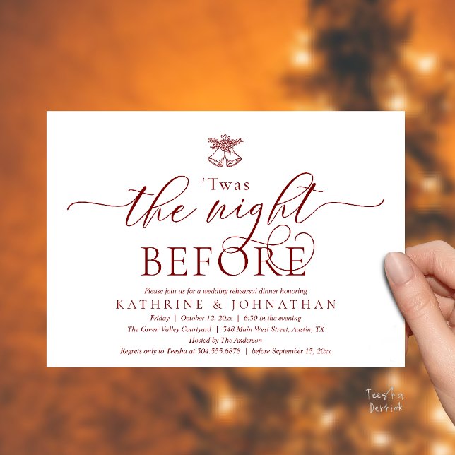 Invitation C'Était La Nuit Avant Le Dîner De Répétition Moder ('Twas The Night Before Modern Romantic Wedding Rehearsal Dinner Invites Card PDF Burgundy Wine Red)