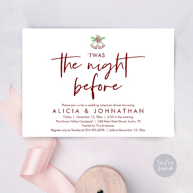 Invitation C'Était La Nuit Précédente, Dîner De Répétition Ma (Twas The Night Before Wedding Rehearsal Dinner Party Invites Card mistletoe wedding bell burgundy)