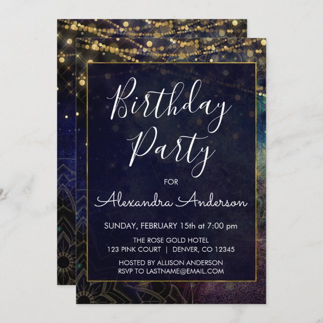 Invitation Chaîne Bleue Lumière Mandala Tout âge Anniversaire (Devant / Derrière)