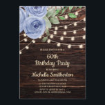 Invitation Chaîne de bois rustique Lumières Dusty Blue Floral<br><div class="desc">60e anniversaire invitation pour les femmes avec une grange brun foncé rustique arrière - plan,  belle perwinkle bleu / bleu poussiéreux aquarelle floral,  et des lumières scintillantes. Contactez-nous pour obtenir de l'aide sur la personnalisation ou la mise en correspondance de produits.</div>