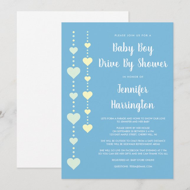 Invitation Chaîne de Coeurs Blue Drive Par Baby Boy Shower (Devant / Derrière)