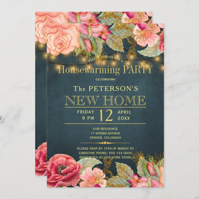 Invitation Chaîne de la marine rose pâle lumières de la fête  (Devant / Derrière)