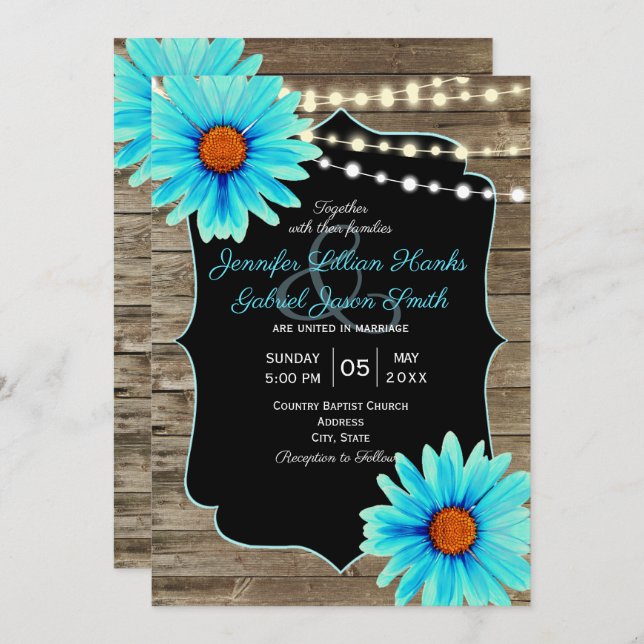 Invitation Chaîne de lumière en bois floral turquoise mariage (Devant / Derrière)