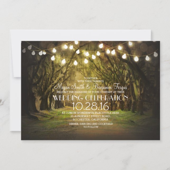 Invitation Chaîne de lumières Arbres Chemin Mariage rustique  (Devant)
