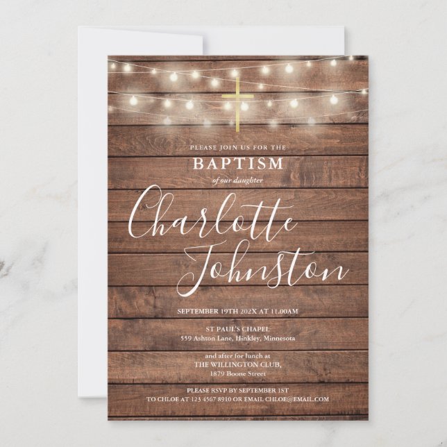 Invitation Chaîne éclaire Bois rustique Baptême Christening (Devant)