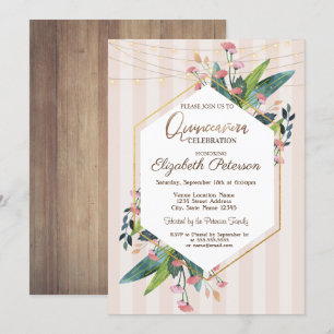 Invitation Chaîne éclaire le bois floral rayures Quinceañera