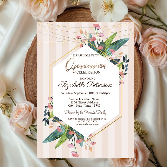 Invitation Chaîne éclaire le bois floral rayures Quinceañera (Créateur téléchargé)