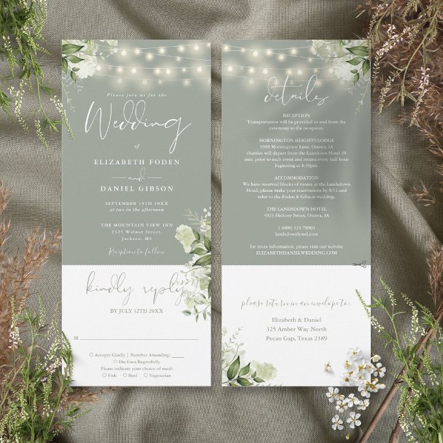 Invitation Chaîne éclaire le vert de la tige Florale tout en  (String Lights Floral Sage Green All In One Wedding Invitation)