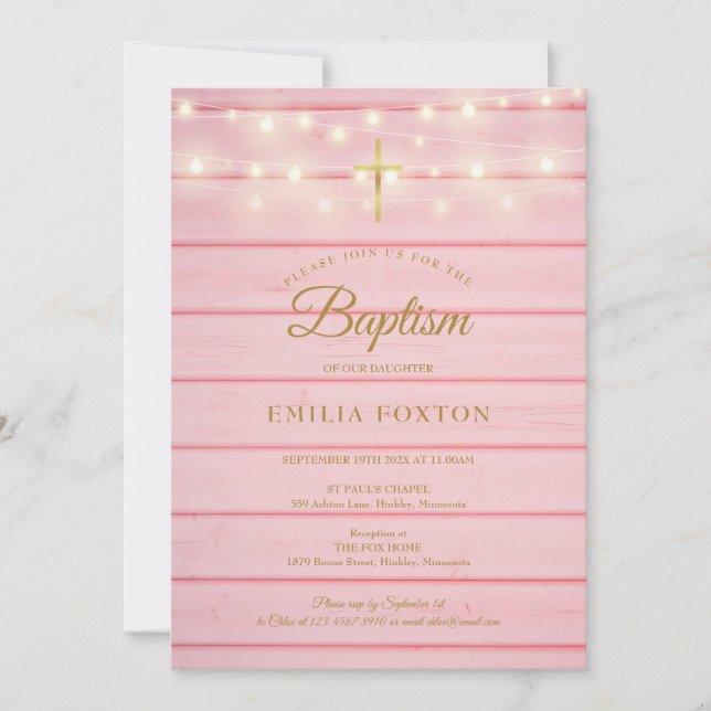 Invitation Chaîne en bois rose éclaire Baptême Christening (Devant)