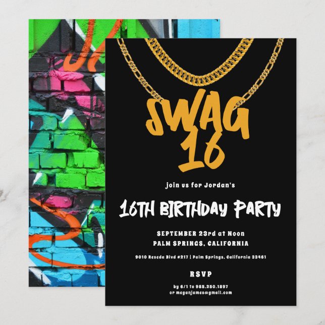 Invitation Chaîne Gold | Swag 16 Anniversaire (Devant / Derrière)