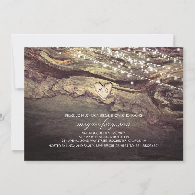 Invitation Chaîne Lights Coeur sculpté Fête des mariées rusti (Devant)