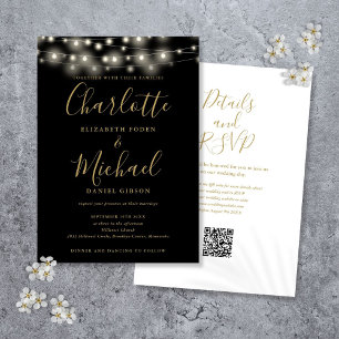 Invitation Chaîne Lights Script Black Gold QR Code Mariage