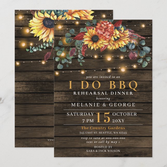 Invitation Chaîne Lights Sunflowers I DO BBQ Dîner de répétit (Devant / Derrière)
