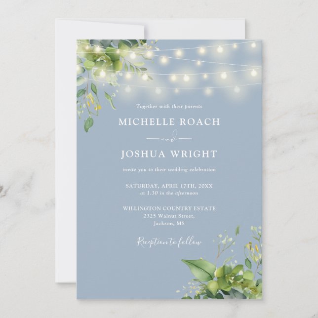 Invitation Chaîne Lights Verdure Dusty Blue QR Code Mariage (Devant)