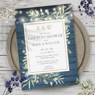 Invitation Chaîne Lumière Bois Bleu Monogramme Couples Douche