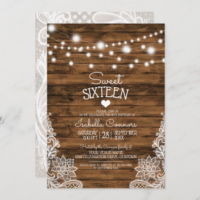 Invitation Chaîne Lumière Bois et dentelle Sweet 16 Partie (Devant / Derrière)