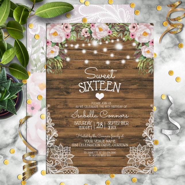 Invitation Chaîne Lumière Bois Floral et dentelle Sweet 16 Pa (Créateur téléchargé)