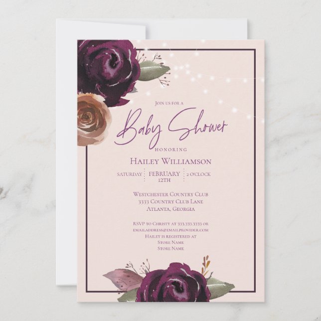Invitation Chaîne Lumières Baby shower Plum rose Purple Flora (Devant)