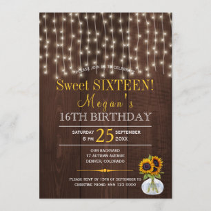 Invitation Chaîne lumières tournesol chic sweet sixteen rusti