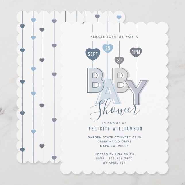 Invitation Chaîne moderne Blue Baby Lettres Baby shower de co (Devant / Derrière)