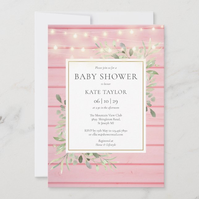 Invitation Chaîne rose Lumières Baby shower verdoyant (Devant)