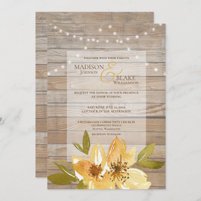 Invitation Chaîne Rustique Bois Lumières Mariage Floral Jaune (Devant / Derrière)