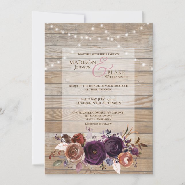 Invitation Chaîne Rustique Lumière Violet Mariage Floral Bois (Devant)