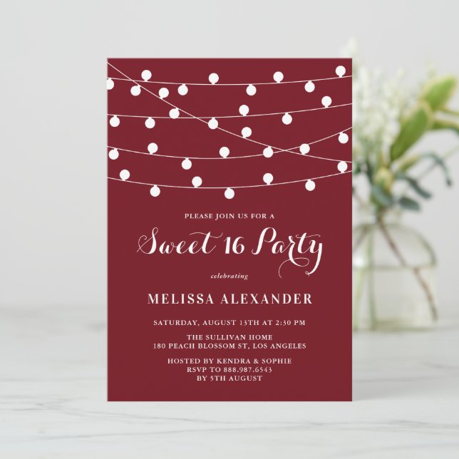 Invitation Chaîne Whimsical Lights Bourgogne Sweet 16 Party (Debout devant)