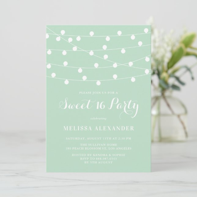 Invitation Chaîne Whimsical Lights Mint Green Sweet 16 Party (Debout devant)