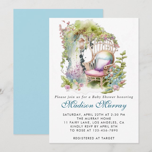 Invitation Chaise de jardin florale bleue et verte chic pour  (Devant / Derrière)