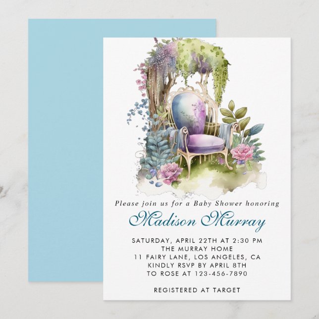 Invitation Chaise de jardin florale bleue et violette chic Ba (Devant / Derrière)