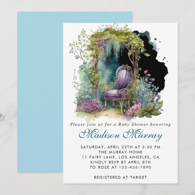 Invitation Chaise de jardin florale bleue et violette chic po (Devant / Derrière)