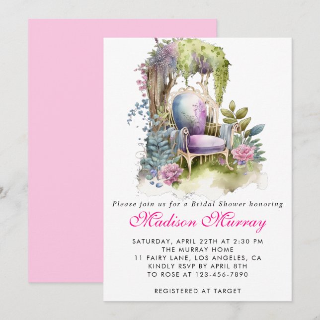 Invitation Chaise de jardin florale rose violet chic pour la  (Devant / Derrière)