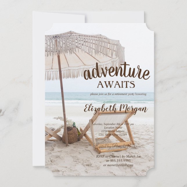 Invitation Chaise de plage chic avec parasol Fête de retraite (Devant)