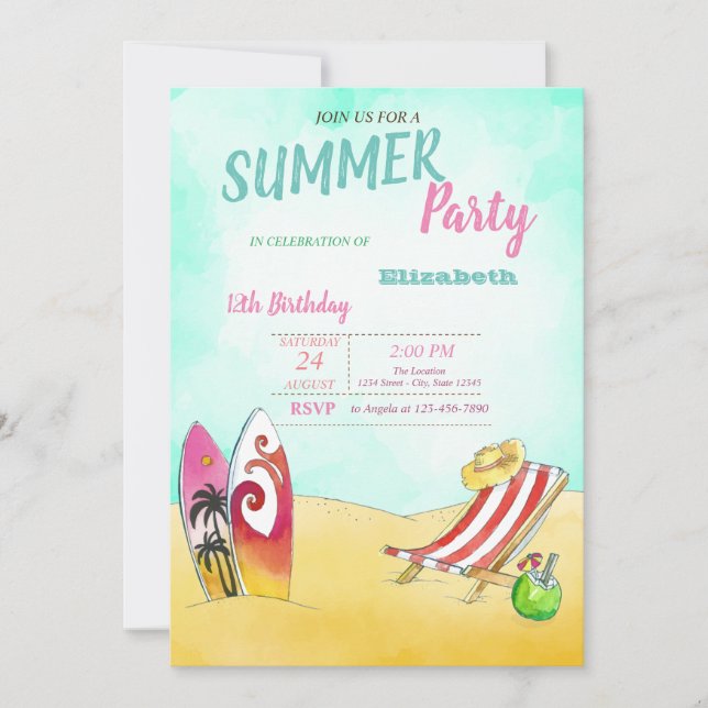 Invitation Chaise de plage, Fête d'anniversaire de surf  (Devant)