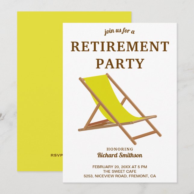 Invitation Chaise de plage jaune tropicale Fête de retraite (Devant / Derrière)