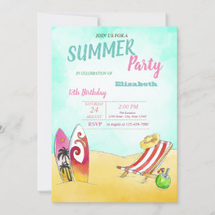 Invitation Chaise de plage, Surf Anniversaire