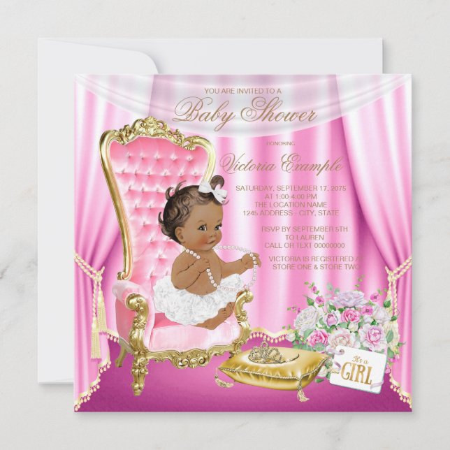Invitation Chaise en or rose Fête bébé princesse ethnique per (Devant)