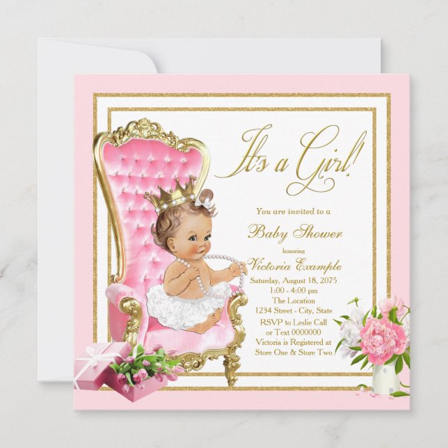 Invitation Chaise en or rose Princess Pearl Tutu Baby shower (Devant)
