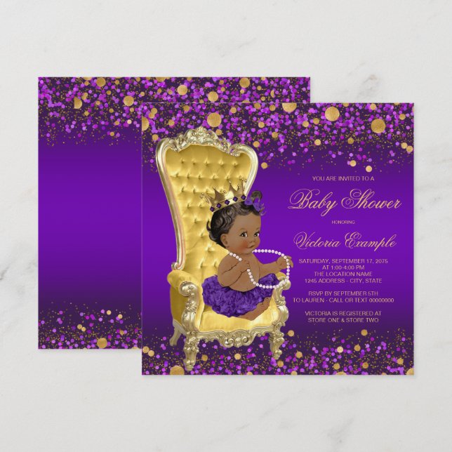 Invitation Chaise en or violet Fête de naissance de princesse (Devant / Derrière)