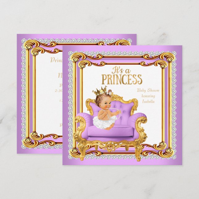 Invitation Chaise Fête de Naissance Princesse Bébé Lilas Rose (Devant / Derrière)