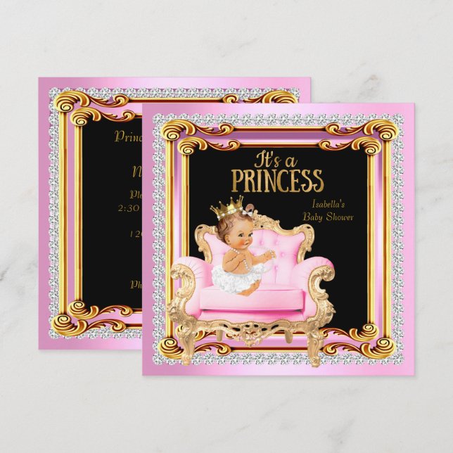 Invitation Chaise Fille de Réception de Bébé Argent Rose Or (Devant / Derrière)