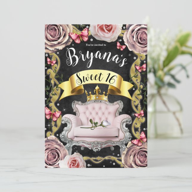 Invitation Chaise Princesse Rose Roses & papillons Sweet 16 (Debout devant)