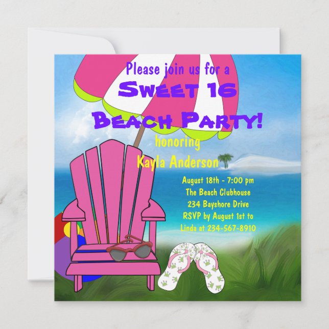 Invitation Chaise rose Flip Flops Sweet 16 Beach Party (Devant)