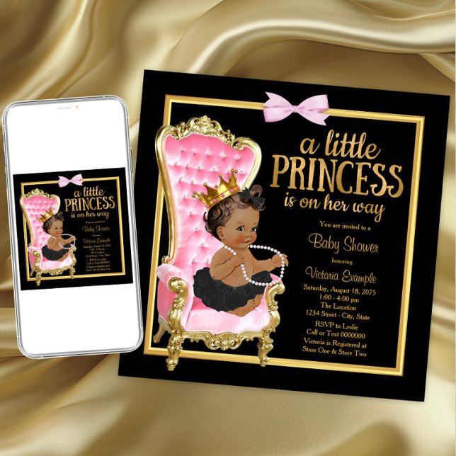 Invitation Chaise Rose Noir Or Fête Ethnique Princesse Bébé (Pink princess baby shower invitation. Instant download and printed invitations available.)