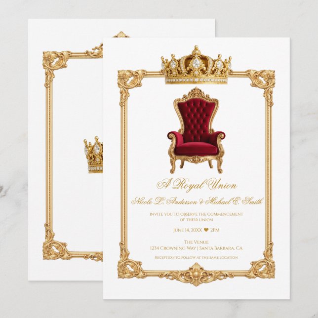 Invitation Chaise Royale Couronnée d'Or & Couronne de Mariage (Devant / Derrière)