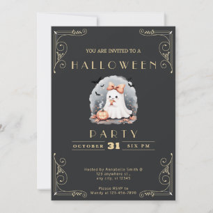 Invitation Chalboard Black & Gold Ghost Bow Bats Halloween