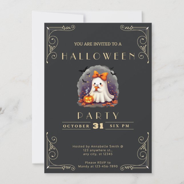 Invitation Chalboard Black & Gold Ghost Bow Bats Halloween (Devant)