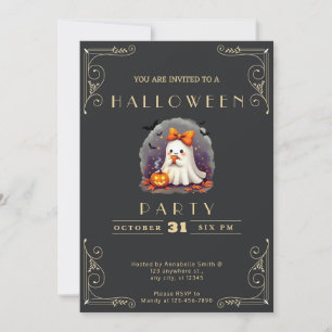 Invitation Chalboard Black & Gold Ghost Bow Bats Halloween