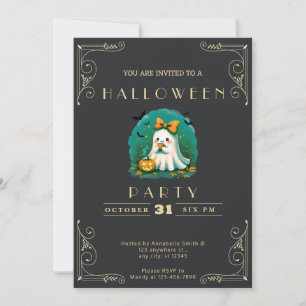 Invitation Chalboard Black & Gold Ghost Bow Bats Halloween